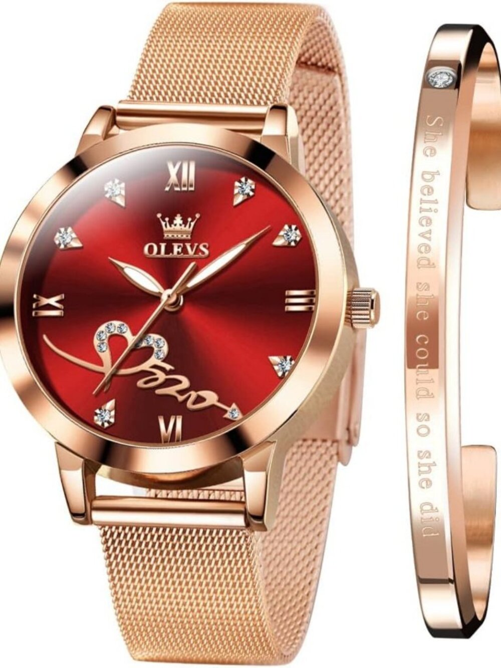 Stylish Rose Gold Women's Watch - Mesh Strap, Waterproof, Luminous, Heart Design